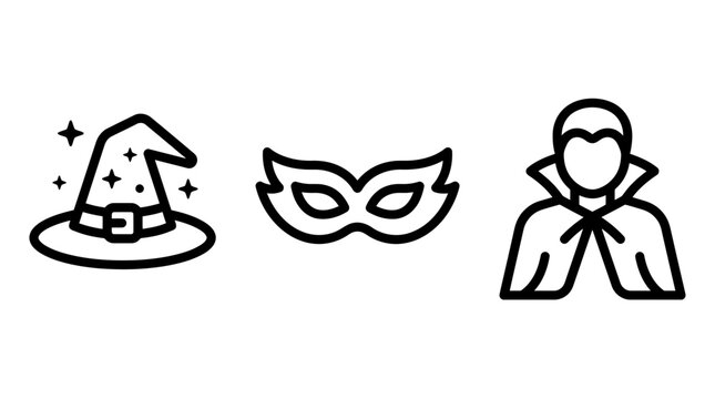 Halloween costume icons set with a magical witch hat mysterious masquerade mask a vampire figure halloween masquerade seasonal celebration minimalist isolated background illustration