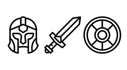 Obraz premium Set of warrior equipment icons including gladiator helmet sharp sword and round shield gladiator medieval graphics illustration historical protection equipment militaria swordplay military