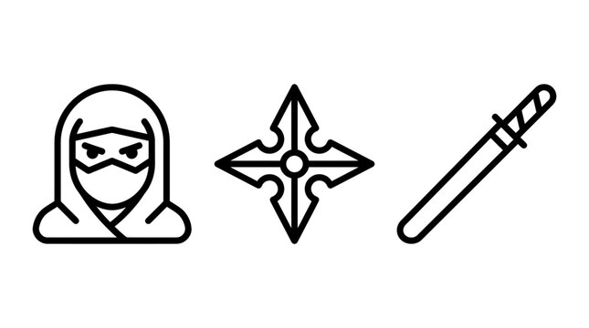 Set of simple outline ninja icons including a shinobi character shuriken throwing star katana sword with shuriken japanese graphics throwing assassin collection equipment training oriental