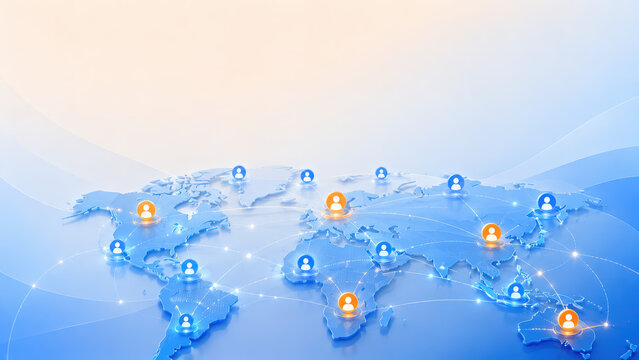 Connected global map links people and organizations through international digital communication and business collaboration