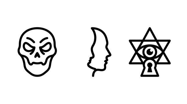 Conceptual outline icon set featuring a devilish skull a dual profile silhouette and a mystical eye inside a hexagram with a keyhole silhouette hexagram esoteric knowledge spiritual geometry