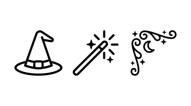 Witch hat magic wand and decorative corner scroll border with halloween decoration illustration minimalist seasonal monochrome invitation celebration creative collection