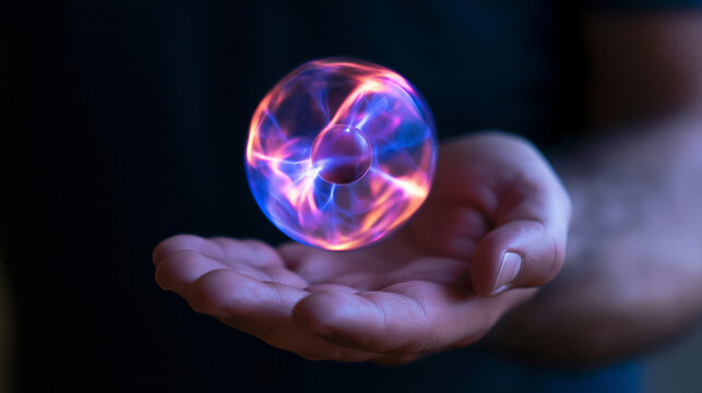 Hand presenting a plasma ball with a bright core and electric filaments