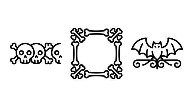 Set of halloween themed line icons including human skulls bone frame and flying bat halloween celebration decoration minimalist monochrome isolated horrific illustration collection seasonal