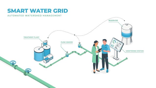 Smart Water Grid Isometric Vector Illustration, Automated Watershed Management and Utility Control System
