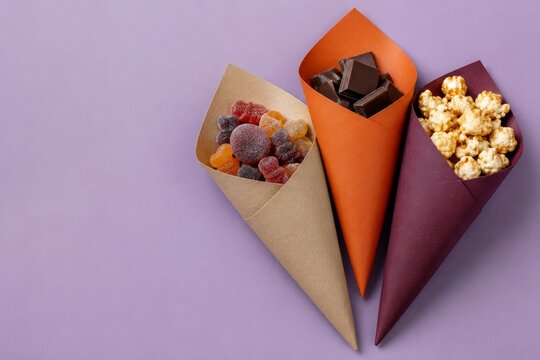 Sustainable Paper Cones Filled with Halloween Candy Chocolate and Popcorn