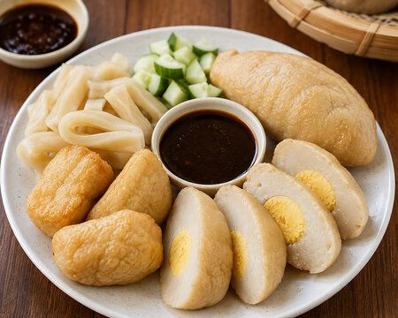 Palembang Pempek with its delicious signature vinegar: A culinary journey through Indonesia. Traditional Southeast Asian street food served on ceramic plates.