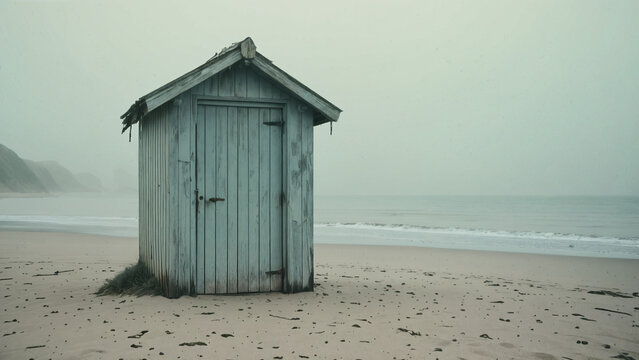 An old weathered wooden hut on a lonely foggy beach by the sea