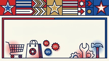 Obraz premium Patriotic themed sale banner with shopping icons and construction tools for holiday promotions.