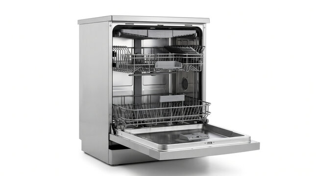 Modern stainless steel dishwasher appliance featuring open door and empty interior racks isolated white background