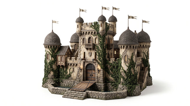 Miniature medieval stone castle fortress model featuring drawbridge and ivy overgrowth isolated on white background with lush ivy climbing exterior walls functional drawbridge multiple