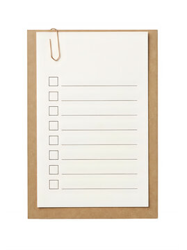 Blank white checklist paper on a brown craft cardboard backing with a gold paper clip