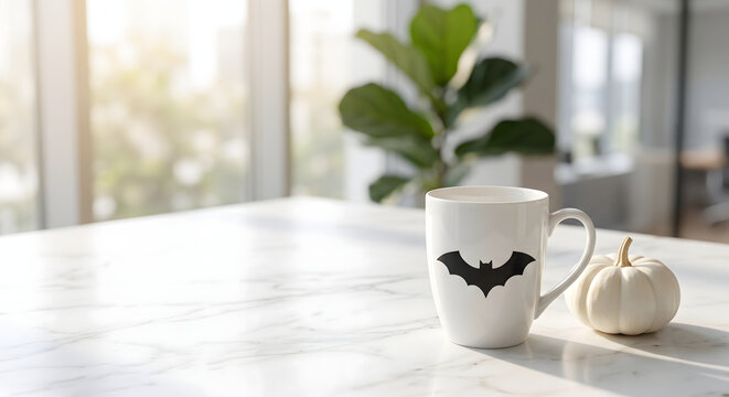 White ceramic mug with bat wings face and mini white pumpkin on marble table, Halloween coffee mug with copy space