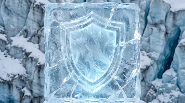 Shield symbol carved inside a frozen ice block with glacier