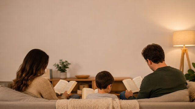 Parents and young child reading together on a sofa in their warmly lit home
