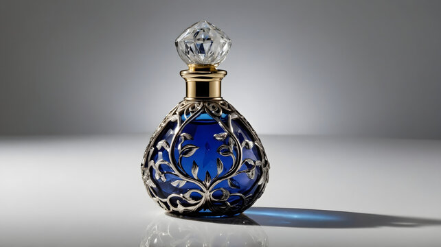 Luxury royal blue glass perfume bottle with ornate golden filigree pattern