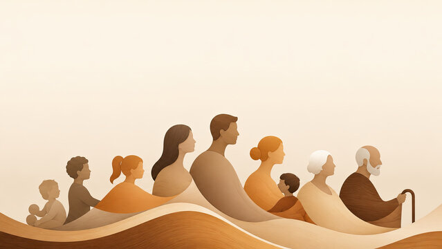 Diverse multigenerational people represented as layered silhouettes across warm flowing abstract waves of society