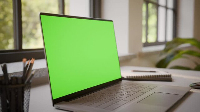 Laptop PC with Green Screen on Office Desk in Sunny Room - Perspective View, Looped Video