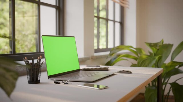 Laptop PC with Green Screen on Office Desk in Sunny Room - Perspective View, Looped Video