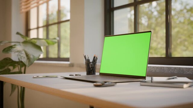 Laptop PC with Green Screen on Office Desk in Sunny Room - Perspective View, Looped Video