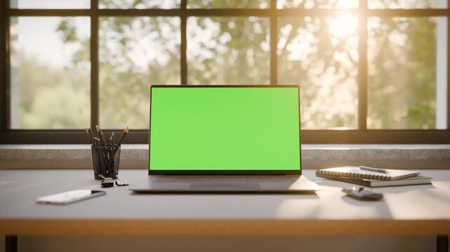 Laptop PC with Green Screen on Office Desk in Sunny Room - Front View