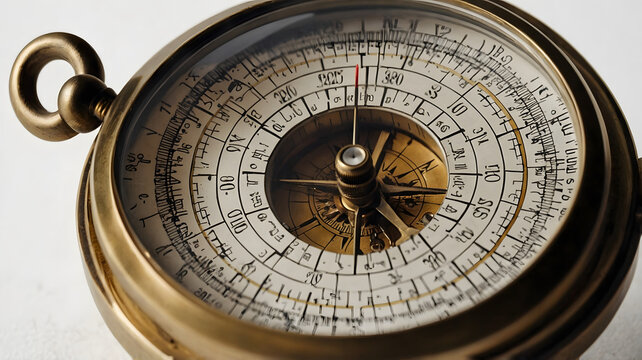 Close up of vintage brass nautical compass dial with intricate details