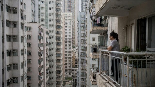 Woman Standing on a Balcony Overlooking a Densely Populated Concrete Cityscape