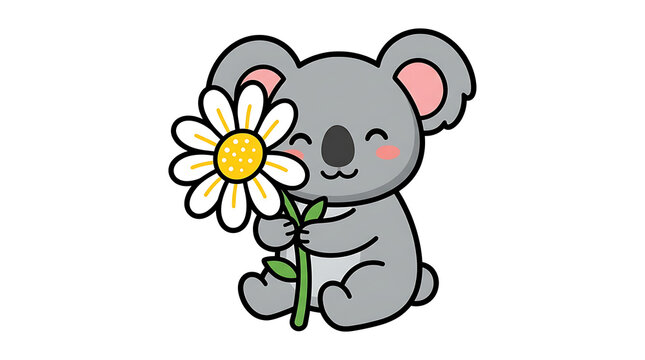 Cute cartoon koala hugging daisy flower isolated on transparent background art