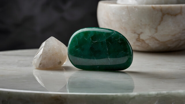 Polished green jade gemstone mineral with raw white crystal background