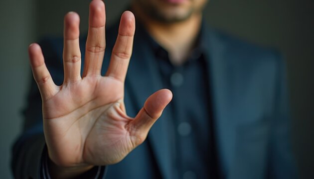 Stop gesture by businessman in suit, close-up of raised palm and blurred torso showing authority, refusal and boundary setting, professional attire, shallow depth of field,