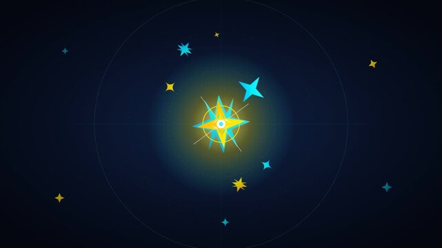Animated Glowing Compass Star with Bouncy Celestial Shapes