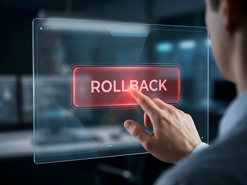Business Rollback and Recovery Concept with Hand Touching Digital Rollback Button for Software Recovery, Risk Management and Data Restoration