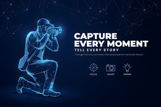 Kneeling photographer capturing a digital memory using a high tech camera rendered in connected nodes and blue light. world photography day with photographer, photography. world photography day