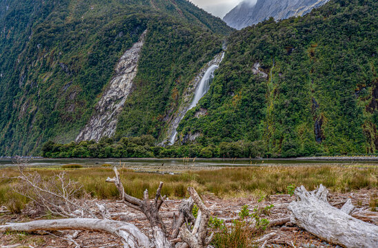 Wasserfall st&uuml;rzt durch &uuml;ppigen Regenwald in den Milford Sound, vermutlich Bowen Falls, Fiordland-Nationalpark, Neuseeland