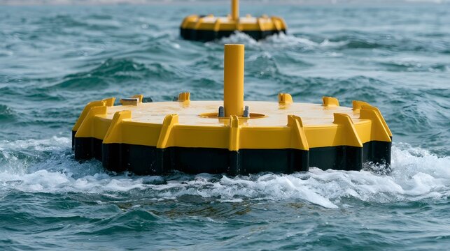 Two yellow and black floating devices bobbing on choppy blue ocean water under bright daylight