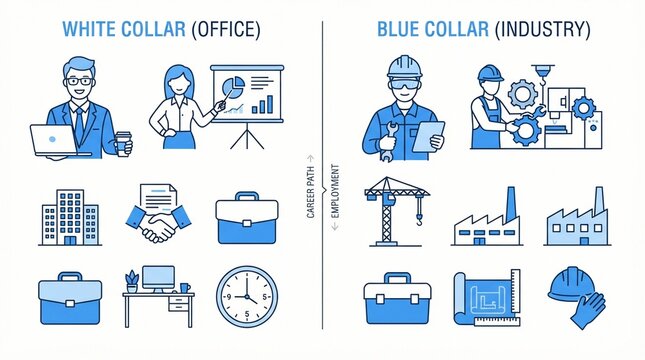 Comparison infographic showing distinct professional differences between white collar office work and blue collar industry roles using blue line art icons on clean white background