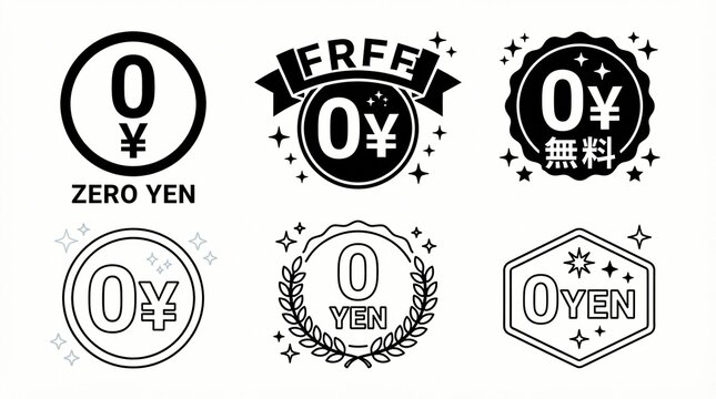 Zero yen price tag icons featuring creative monochrome stamps with circular badges and decorative floral laurels designed for modern marketing campaigns on a plain white background