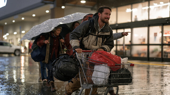 Volcanologist pulling a shopping trolley through a rain soaked supermarket car park the night before Thanksgiving, intergenerational family trailing behind under a shared tarp,