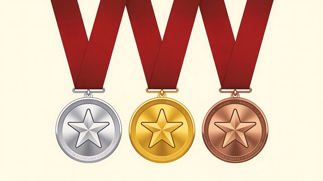 Gold silver and bronze medals with red ribbons