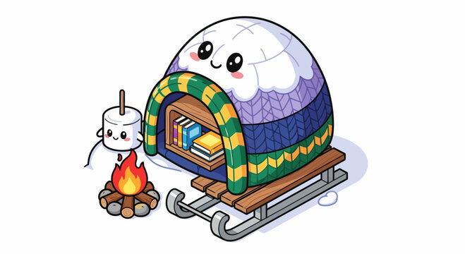 Cozy winter igloo sled campfire marshmallow cartoon