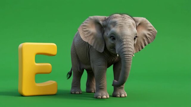 Cute 3D Rendered Baby Elephant Standing Beside a Large Yellow Letter E on a Vibrant Green Background for Children's Education