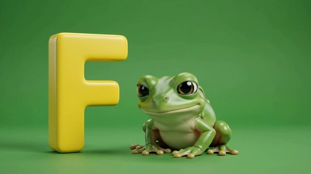 Cute green 3D cartoon frog sitting next to a large yellow letter F on a bright green background for educational alphabet learning
