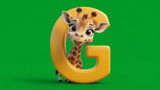 Cute 3D Cartoon Giraffe Peeking Through a Large Yellow Letter G on a Bright Green Background for Kids Education