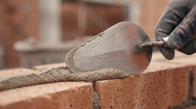 Construction worker spreading wet mortar over red clay bricks using metal handheld professional masonry trowel tool