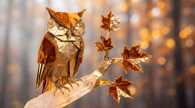 An intricate origami owl crafted from gold foil and velvet perched on a crystal branch with metallic autumn leaves in a forest