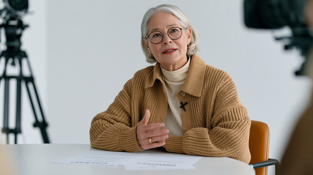 Forensic pathologist elderly woman in a minimalist studio being interviewed on camera about a year-in-review cold case, speaking calmly with professional authority, her notes from