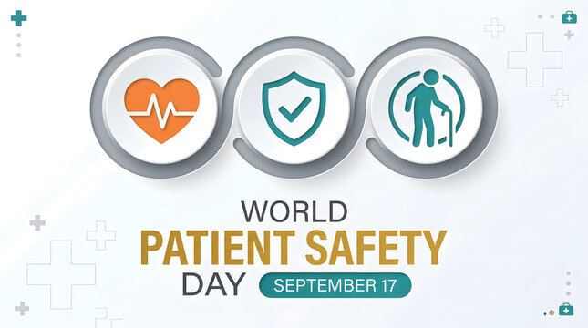 Minimalist graphic for world patient safety day featuring heart shield and senior care icons, awareness