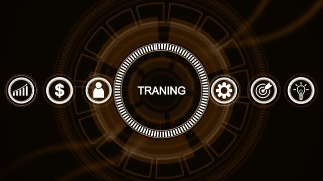 Futuristic digital interface displaying the word TRANING with financial and innovation on a dark brown background, representing business education and skill development