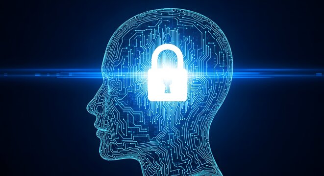 A glowing digital lock inside a human head symbolizing cyber security and mental privacy.