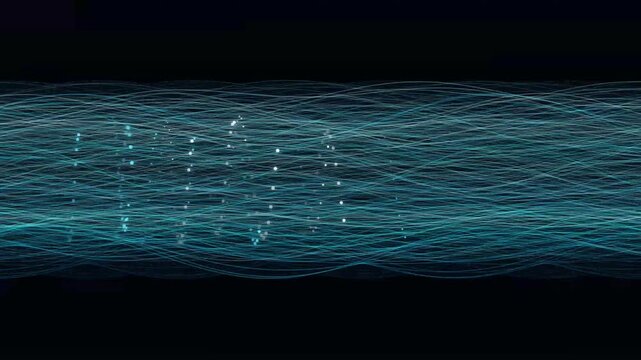 A captivating abstract background featuring dozens of glowing neon pink quantum filaments rippling in a wave pattern. Animated data-pulse nodes flow across a dark cosmic background, ideal for sci-fi H